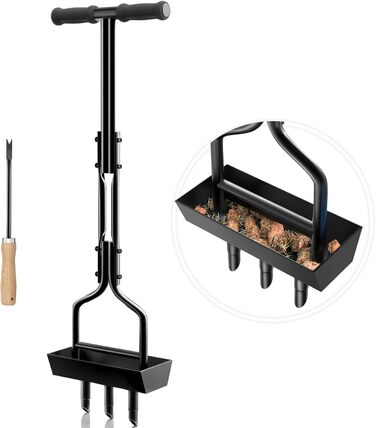 SUNEOWALY Lawn Aerator, Aerifier for Lawns, Hollow Spoon Lawn Aerator with Collection Basket, 3-Core Lawn Aerifier, Hollow Spoon Aerator, Hollow Tines for Compacted Soils and Lawns, Garden, Yard, Black