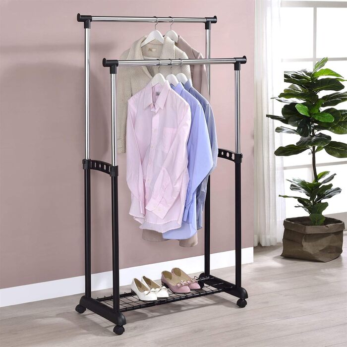 IDIMEX Wardrobe Trolley Grosso Clothes Rack Rolling Wardrobe Clothes Rack, with Shoe Storage, 2 Clothes Rails, Height Adjustable, Chrome-Plated Metal Pipe, in White (Black)