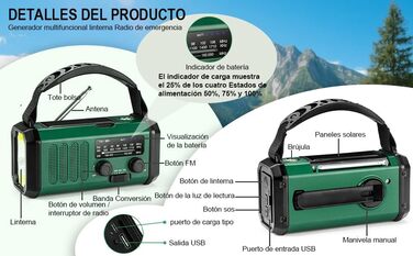 Радіостанція на сонячній енергії з живленням від ручки 20000 mAh з SOS-сигналом, FM/AM, ліхтарик, компас, для кемпінгу та надзвичайних ситуацій (зелене)