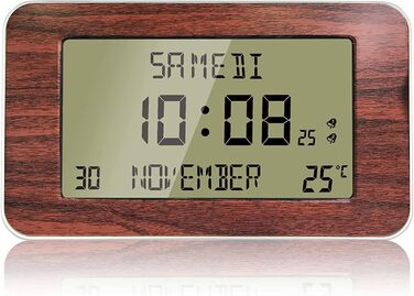 FISHTEC Radio Clock Alarm Clock with Calendar – Large Display, Date, Day, Time, Temperature, 2 Alarms, Wall Mounting or Stand – Wood-Look Finish, 24 x 14 cm