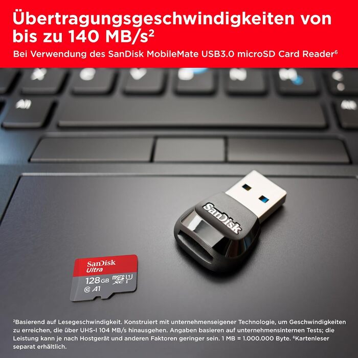 Карта пам'яті SanDisk Ultra microSDXC 128GB з адаптером, швидкість читання до 140 МБ/с для Android та смартфонів
