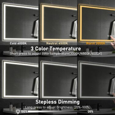 Дзеркало для ванної кімнати 50x70 см з підсвічуванням LED, антизапар, регулювання яскравості, 3 кольори світла