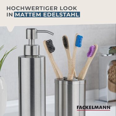 Fackelmann Soap Dispenser & Toothbrush Holder Tecno, dispenser for liquid soap made of high-quality stainless steel, holder for 4 toothbrushes, high-quality toothbrush holder (color: matte silver), quantity: 1 x 2-piece set