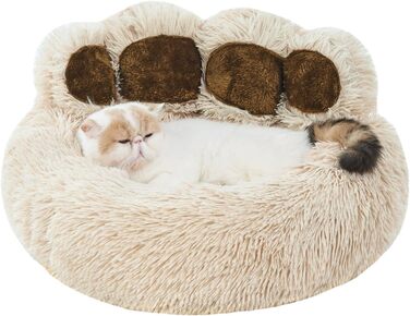 Jiupety Pet Round Dog Bed in Paw Shape, Soothing Donut Dog Bed, Faux Fur Cat Bed, medium size. The diameter is 56cm, comfortable and soft, machine washable (L 56 cm x W 56 cm x H 15 cm, Camel)