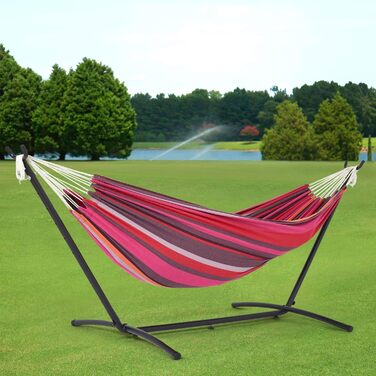 Hammock with stand, double cotton with stand for 2 people, portable outdoor & indoor patio, yard, garden, weight capacity up to 200 KG, Red