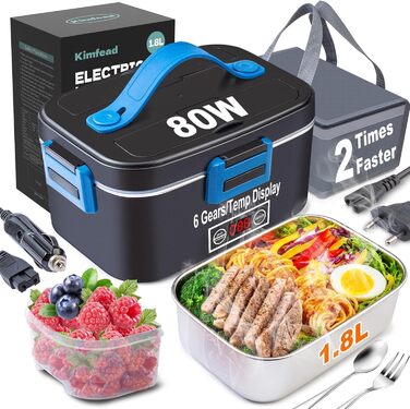 Електрична ланч-бокс Kimfead з індикатором температури, 1.8L, 80W, 12V/24V/230V, з сумкою та столовим прибором, для авто/вантажівки/офісу (синій індикатор температури)