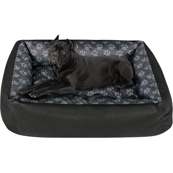 Крісло-лежанка для собак SuperKissen24: лежанка-кошик, лежанка-софа, лежанка для собак великих, середніх та маленьких порід. Лежанка для тварин, розмір L, чорно-сірий колір, з подушками з льону 95x75 см. Можна прати.