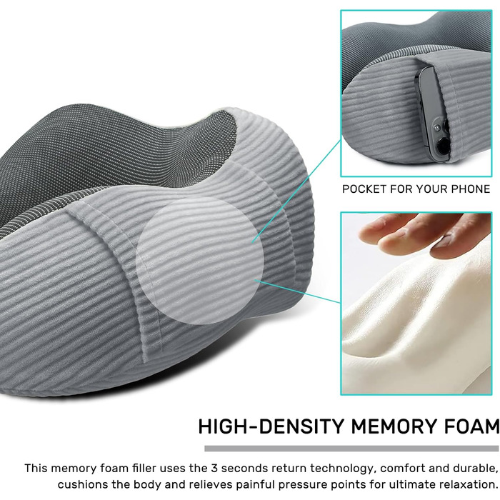 Подушка для шиї у літак 2 шт. Memory Foam, м'яка та підтримуюча, для подорожей, сну, авто, поїздів та дому (Блакитний та Сірий)