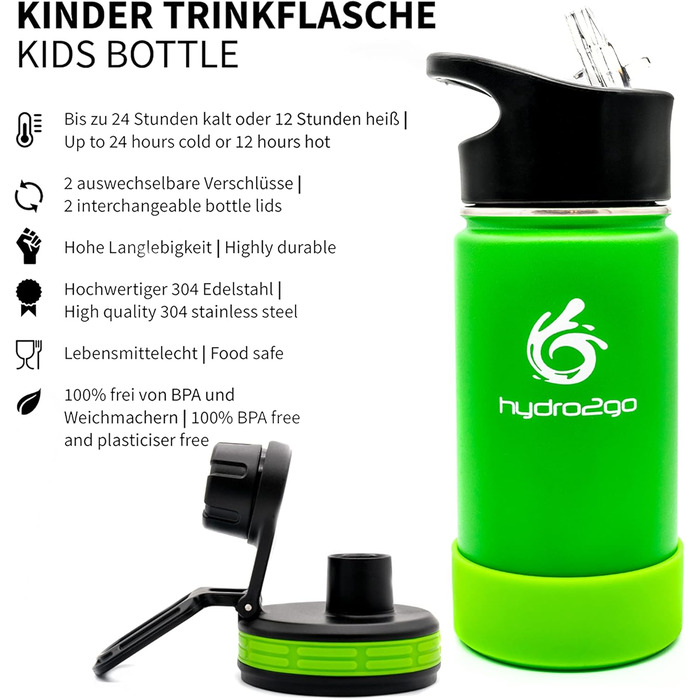 Stainless Steel Kids Water Bottle - BPA-Free Thermos Bottle with 2 Leak-Proof Caps (Straw & Sport) - 350ml