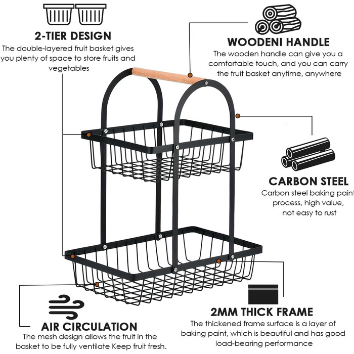 Двоярусна фруктова корзина DODUOS, етажерка для фруктів та овочів, чорна металева фруктова тарілка з ручкою, для дому, кухні, офісу