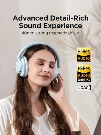 1MORE HQ31 Бездротові навушники Bluetooth Over-Ear з активним шумозаглушенням, 90 годин роботи, Hi-Res Audio, просторовий звук, чіткий звук дзвінків, швидка зарядка, EQ в додатку (Блакитний)