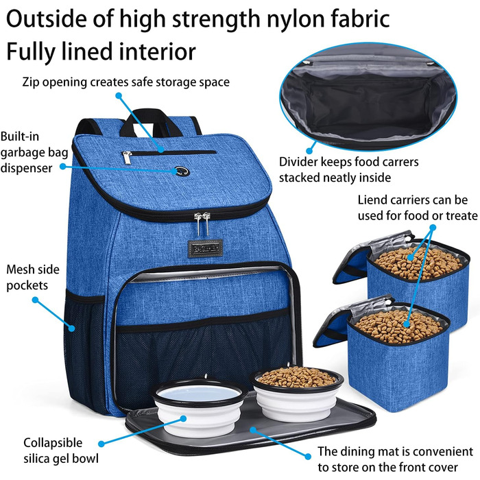 Сумка для собак Baglher: рюкзак для подорожей з мисками та контейнерами (Блакитний)