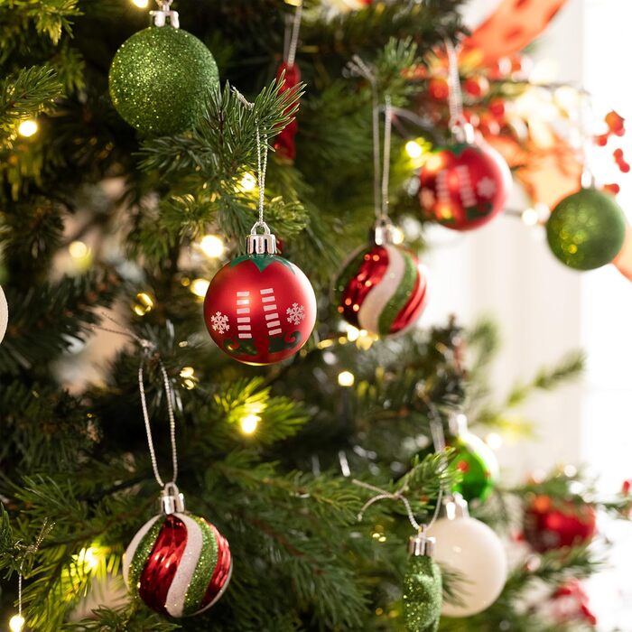 Набір ялинкових прикрас Victor's Workshop 35 шт. 5 см, пластикові кулі, червоно-зелено-білий декор для ялинки, тематика ельфів