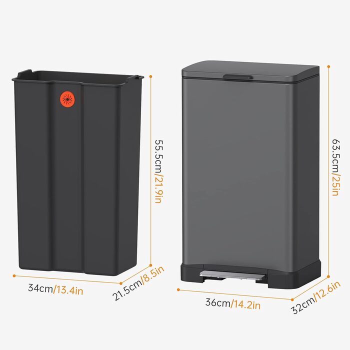 Сміттєве відро Mbillion 50 літрів з контейнером, тихо закривається, захист від відбитків пальців, великий нержавіюючий сталь, прямокутне для кухні, дому та офісу (Сірий, 40л)