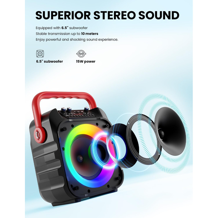 Wowstar Караоке Машина з 2 Бездротові Мікрофони, Портативна Bluetooth Колонка з Світловим Ефектом, Підтримка TF/USB, FM, Запис, AUX, TWS для Вечірок, Дня Народження (Червона)