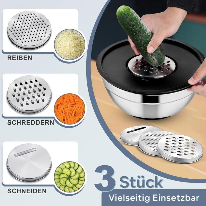 HaWare Mixing Bowl Set of 6, Stainless Steel Bowl Salad Bowl Set with Airtight Lid & 3 Grater Attachments, 4.6L/2.8L/2.5L/1.6L/1.2L/0.7L, Non-Slip Silicone Bottom & Dishwasher Safe, Black