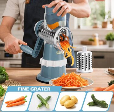 Ручна тертка для овочів 3-в-1 з нержавіючої сталі, терка для сиру з ручкою та 3 змінні леза, терка для салатів, горіхів, фруктів, піци. Колір: зелений