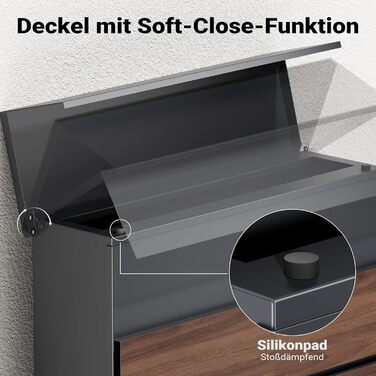 Поштова скринька настінна V63 Anthrazit з дерев'яним декором, сталь, з замком та м'якою кришкою, 410x130x370 мм