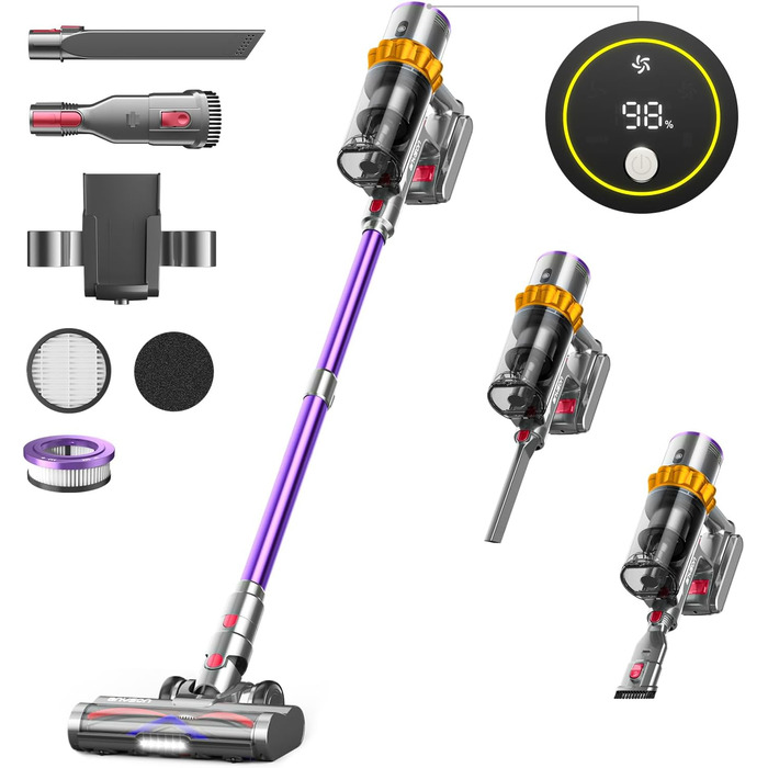 Anyson 45000Pa/550W/70Min Cordless Vacuum Cleaner, 1.6L Battery Vacuum Super Quiet, Self-Charging Cordless Vacuum with LED Display/Anti-Tangle Brush, Stick Vacuum for Hard Floors, Carpets, and Pet Hair