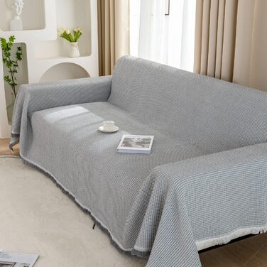 LHGOGO Waffle Throw Blanket 180x300cm Large 3-Seater Sofa Throw Versatile Living Room Blanket as Sofa Throw, Couch Cover, Sofa Cover, and Bedspread with Decorative Tassels - Light Grey