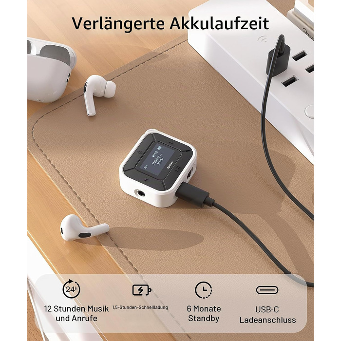 Bluetooth-трансмітер та ресивер Syntech 5.3 з LED-дисплеєм, адаптер 3.5 мм AUX для літака, авто та навушників AirPods, низька затримка, Dual Link, білий