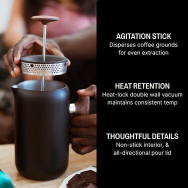 Fellow Clara Insulated French Press – Portable Stainless Steel Coffee Press, Insulated Hand Press, Matte Black with Walnut, 680g Carafe