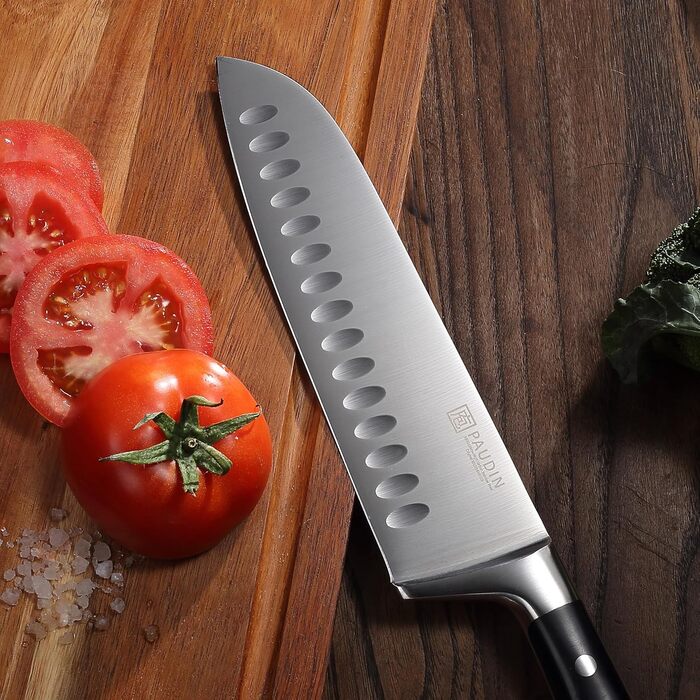 Кухонний ніж Santoku PAUDIN 17 см, професійний, японський стиль, з німецької високовуглецевої сталі, надгострий, довговічний, ергономічна ручка