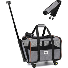 Транспортна переноска для собак та котів з колесами, сірого кольору. З телескопічною ручкою та ременем на плече.