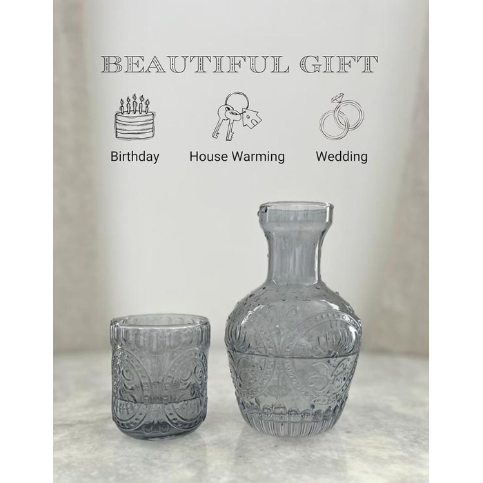 Curator Home Vintage Glass Carafe with Lid & Matching Drinking Glass – 750 ml Capacity – Elegant Glass Jug for Water, Juice, or Wine – Stylish Home Decor for Kitchen or Dining Room (gray)