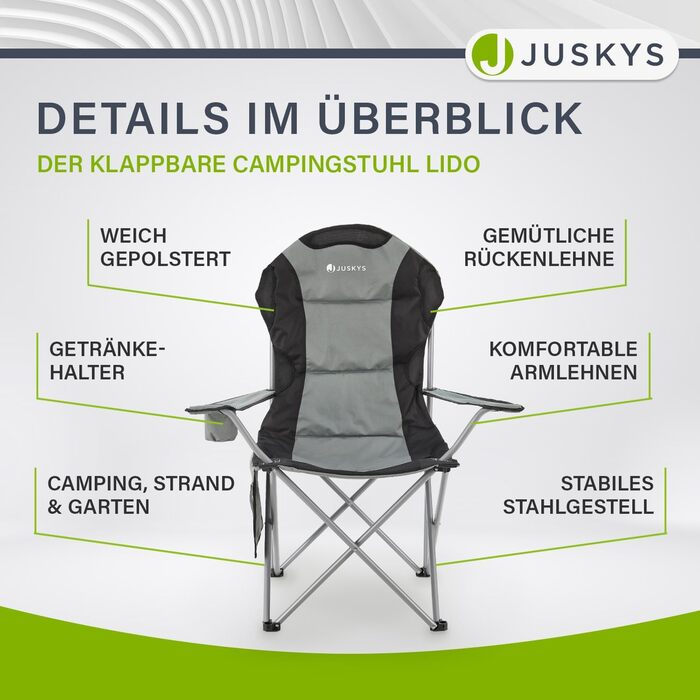 Крісло для кемпінгу Juskys Lido, складне, з підстаканником та бічною кишенею - зручне туристичне крісло з підлокітниками та спинкою, 4 кольори (сірий)