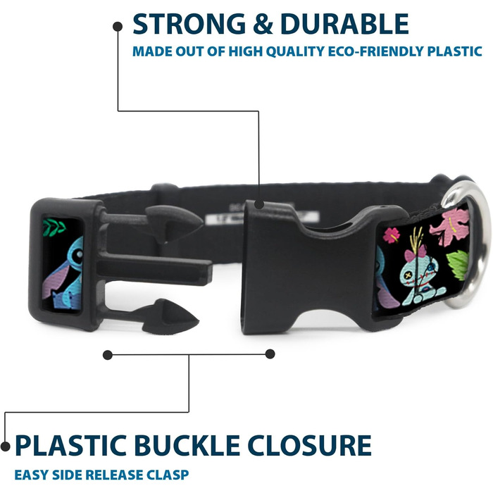 Нашийник Buckle-Down з пластиковим кліпом - Ohana Means Family/Stitch & Scrump Poses/Тропічні квіти. Чорний/Білий/Багато кольорів. Ширина 2.5 см. Підходить для шиї 38-66 см. Великий