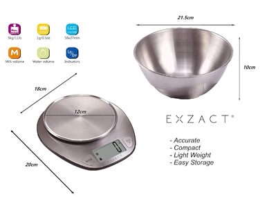 Кухонні ваги EXZACT EX4350 з нержавіючої сталі - електронні ваги з мискою для приготування та випікання, функція тарування, до 5 кг