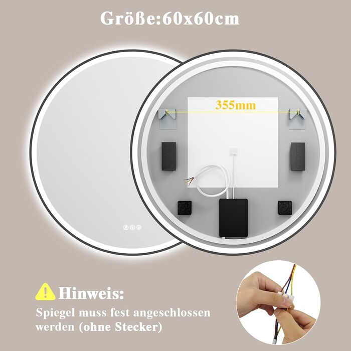 Дзеркало для ванної кімнати з підсвічуванням LED, антизапар, сенсорне керування, регулювання яскравості, 3 кольори світла, функція пам'яті, захист від вибуху, кругле дзеркало 50см (металевий каркас+bluetooth)