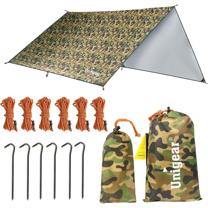 Тент Unigear 3x3/3x4/3x5/4x4, водонепроникний, для намету, гамаку, кемпінгу, з кільцями, кілочки, мотузки