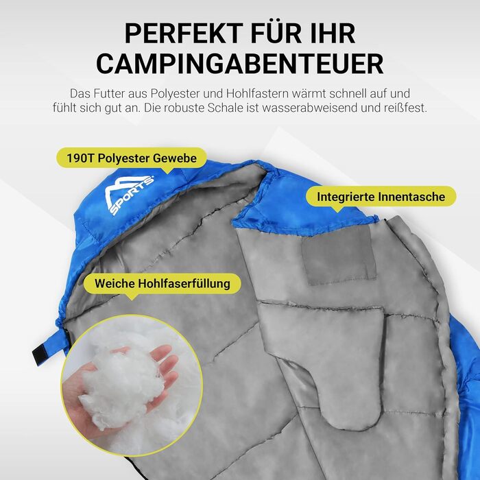 Спальний мішок MSports Premium Outdoor з ременем для перенесення - вибір на весну/літо (200GSM) або осінь/зима (300GSM) для кемпінгу, подорожей, фестивалів - теплий спальник-кокон оливкового кольору (Королівський блакитний, 200 GSM - весна/літо)