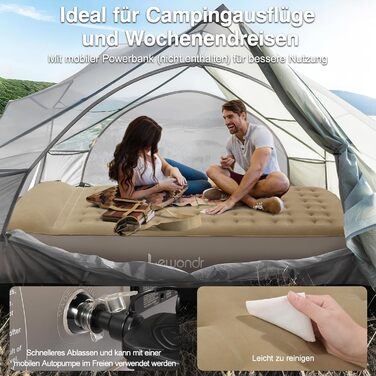 Надувне ліжко Lewondr на 2 особи з вбудованим насосом, комфортна повітряна матрац, самонадувна ліжко для кемпінгу, дому, гостей, подорожей (300 кг MAX), (203x152x33 см, Хакі)