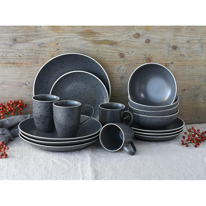 CreaTable Серія INDUSTRIAL GOLD: 16-частинний посуд для 4 осіб (Антрацит), комбінований сервіз зі штучного каміння, сумісний з мийною машиною та мікрохвильовою піччю