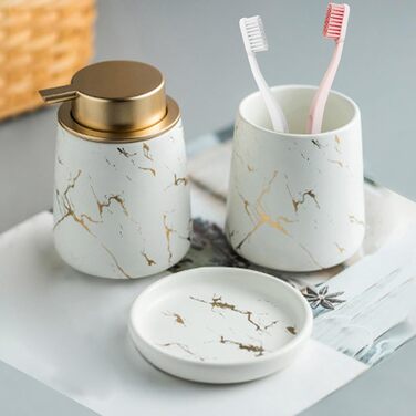 Набір аксесуарів для ванної кімнати Marmor: 3 предмети з кераміки (мильниця, дозатор мила, стакан, тримач для зубних щіток) - Матовий білий, Золотий