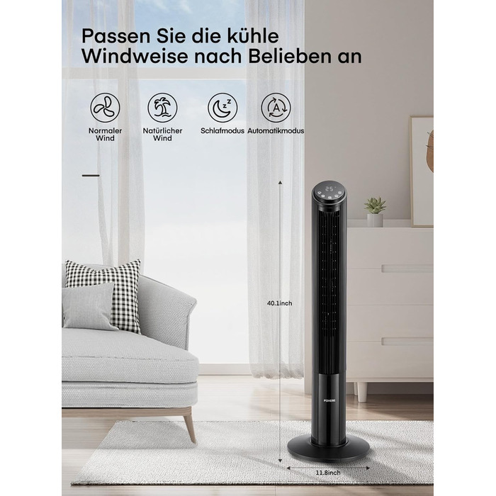 FOHERE Вентилятор Тур - Безшумний, 102 см, з пультом, 4 режими, 12 швидкостей, таймер 12 год, швидкість 7,6 м/с, для дому, спальні, офісу, чорний