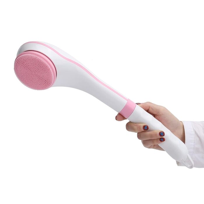 Electric Body Scrub Brush with USB Charger, 6 Speed Adjustable Body Brush Set Shower Brush Back Scrubber Multifunction Long Handle Massager, Long Handle for (Pink)