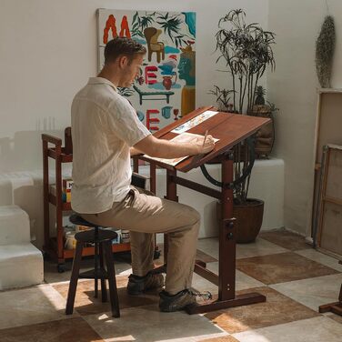 MEEDEN Vintage Wooden Art Drafting Table with Adjustable Height & Stool - 96 x 60cm