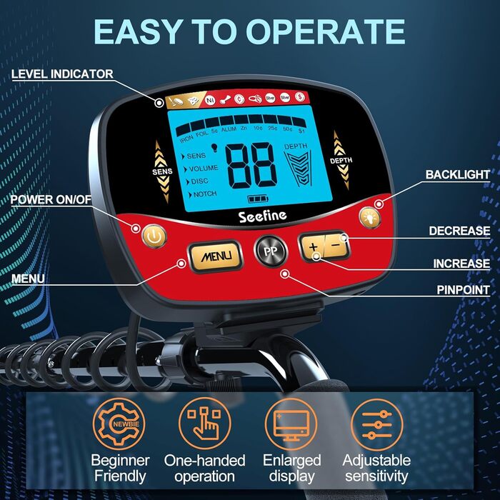 Професійний металошукач для дорослих Seefine з LCD дисплеєм, водонепроникний (IP68), 5 режимів, 10 дюймовий котушковий пристрій, висока точність та чутливість