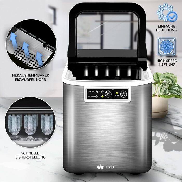 Tillvex Stainless Steel Ice Maker - 12kg Capacity, 24-Hour Production | 2.2L Water Tank, LED Display, Self-Cleaning Function | 2 Ice Cube Sizes
