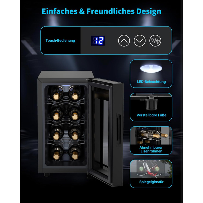 WIE 33 Liter Wine Fridge - 1 Zone Wine Cooler with Glass Door & LED Touch Panel - Mini Wine Refrigerator for 8 Bottles
