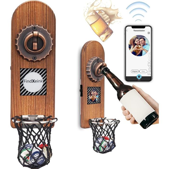 ZONSUSE Bottle Opener Wall Mount Magnet with DIY E-Ink Screen, Vintage Wood Bottle Opener Wall with Holder, Customizable Images/Texts, Unique Gift Ideas Gifts for Men Christmas Gifts