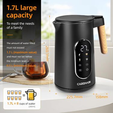 Електричний чайник Carehabi з регулюванням температури, 1.7 л, нержавіюча сталь, чорний, 40°C-100°C, 2200W, LED дисплей, подвійні стінки, функція підтримки тепла