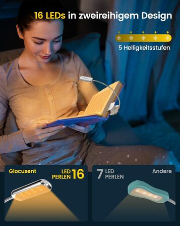 Glocusent Posh Premium Лампа для читання з кріпленням на книгу та таймером, 16 LED, акумулятор, час роботи 160 годин, 1800K, м'яке світло, 3 кольори та 5 рівнів яскравості, ідеально для читачів