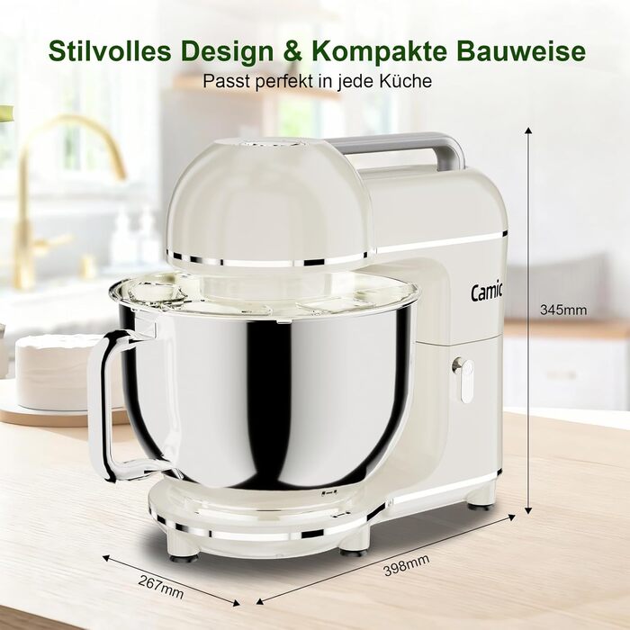 Кухонний комбайн-міксер Camic 2000W, чаша з нержавіючої сталі 7л, 10 швидкостей, набір насадок та захист від бризок, білий