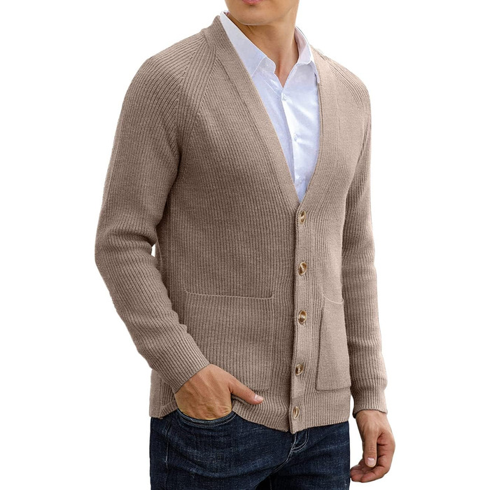Чоловічий в'язаний кардиган Sailwind з V-подібним вирізом, зимова куртка, класичний дизайн, довгий рукав, з ґудзиками та кишенями (Пустельний хакі, L)
