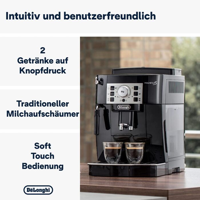 De'Longhi Magnifica S ECAM 22.110.B Fully Automatic Coffee Machine with Milk Frother for Cappuccino, featuring Espresso Direct Select Buttons and a Rotary Control, 2-Cup Function, 1.8 Liter Water Tank, Black/Silver with Chrome Finish